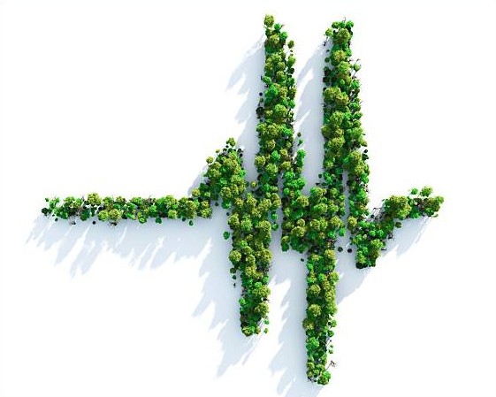 A heartbeat line made of green trees